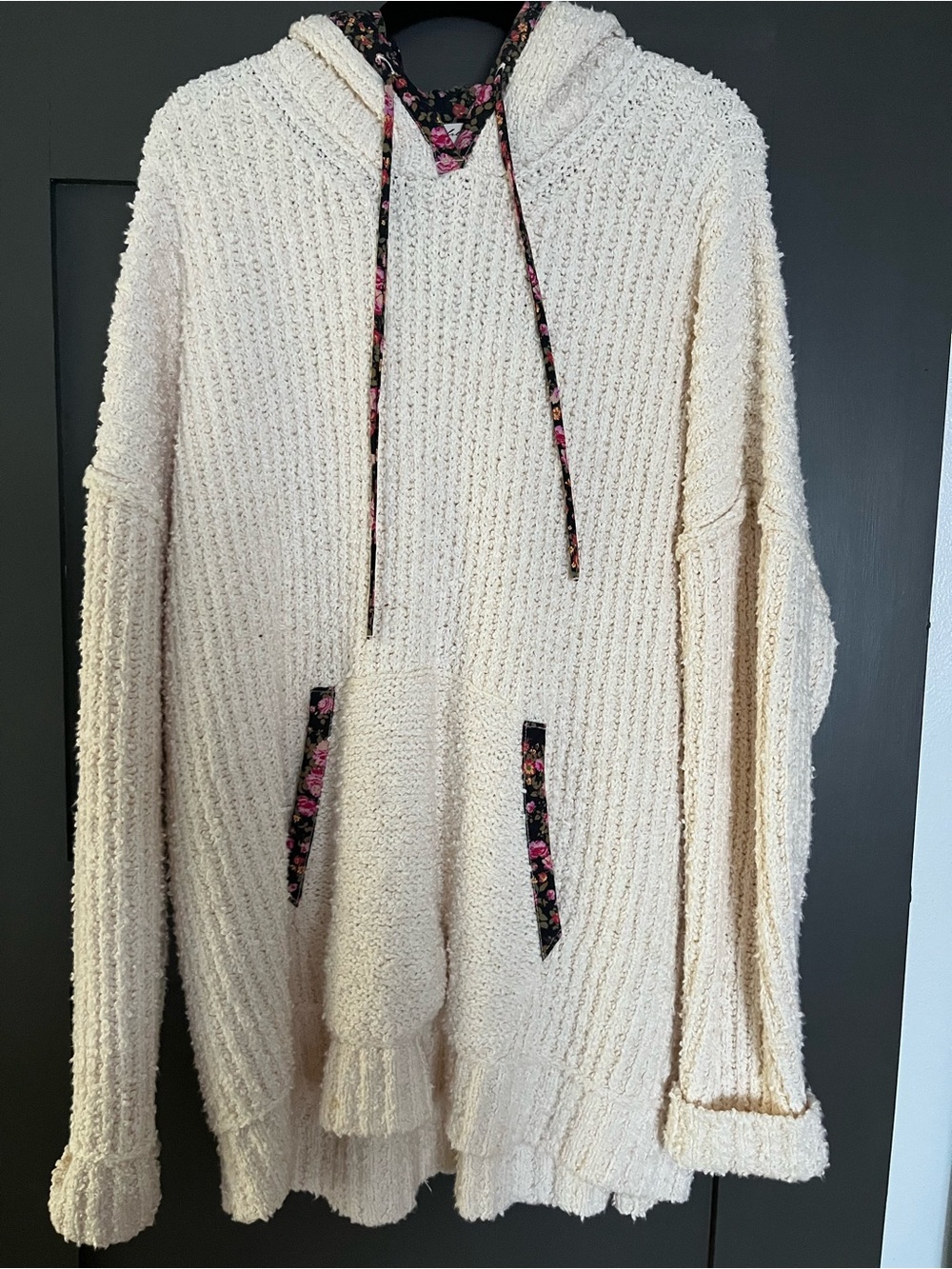Free People Cream Textured Knit Hoodie with Floral Trim XL